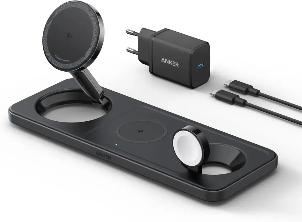 Anker Chargeur Induction iPhone 15W Station de Recharge à Induction 3-en-1 Pliable, Ultra Rapide Certification Qi2 (Chargeur USB-C et câble Inclus) Noir