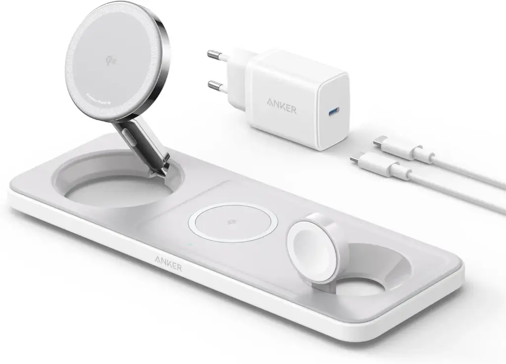 Anker Chargeur Induction iPhone 15W Station de Recharge à Induction 3-en-1 Pliable, Ultra Rapide Certification Qi2 (Chargeur USB-C et câble Inclus) Blanc 