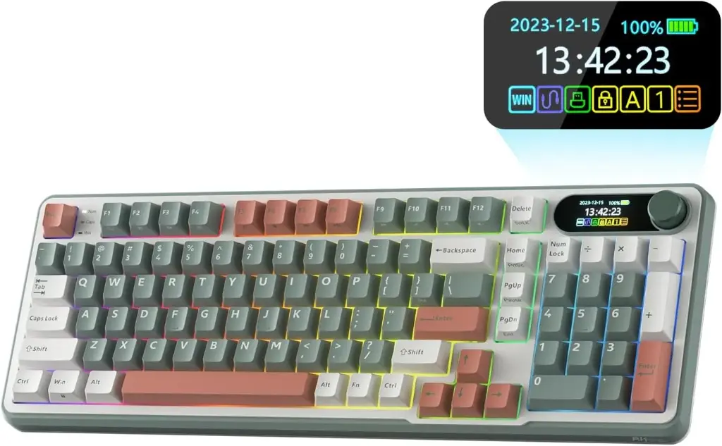 RK ROYAL KLUDGE S98 Clavier mécanique avec Affichage Intelligent et Bouton, Montage supérieur 96% Clavier mécanique sans Fil Vert Argile