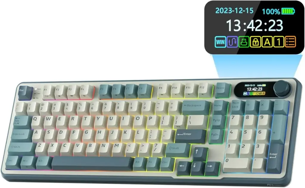 RK ROYAL KLUDGE S98 Clavier mécanique avec Affichage Intelligent et Bouton, Montage supérieur 96% Clavier mécanique sans Fil, Bleu ciel
