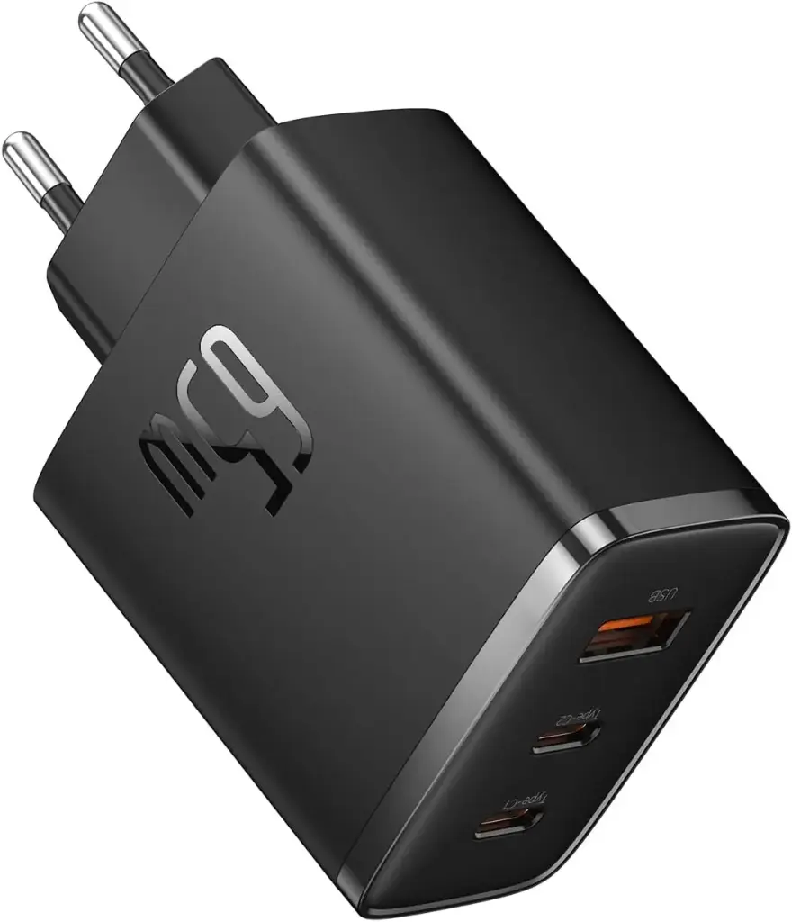 Baseus Chargeur USB C, 65 W, Bloc d'alimentation 3 Ports PD, avec PPS, Chargeur Rapide GaN (Noir)