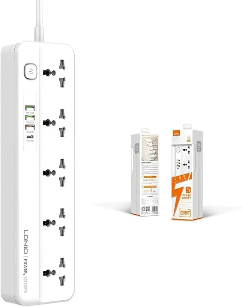 LDNIO Multiprise Universelle avec Interrupteur, 5 Prises Universelles, 1 x 20W USB-C, 3 Ports de Charge Rapide USB-A QC, Cordon d’Alimentation de 2 m 