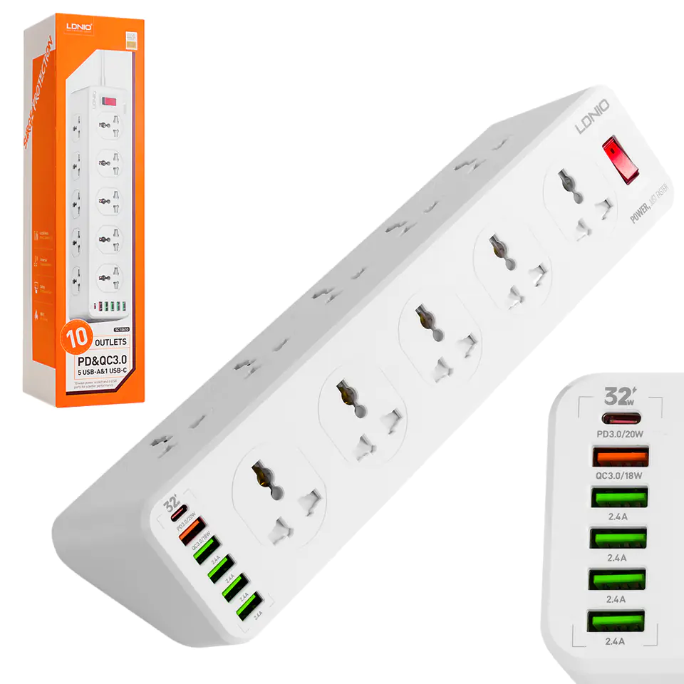 LDNIO SC10610 2500W Multiprise Electrique, Prise Multiple 200cm, Protection Contre les Surtensions et Interrupteur - 10 prises AC avec port USB et USB-C