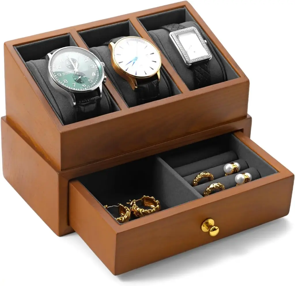 Oirlv Boîte De Montre En Bois Massif Avec 3 Fentes- 2 Couches Organisateur De Bijoux Pour Les Hommes Vitrine De Montre
