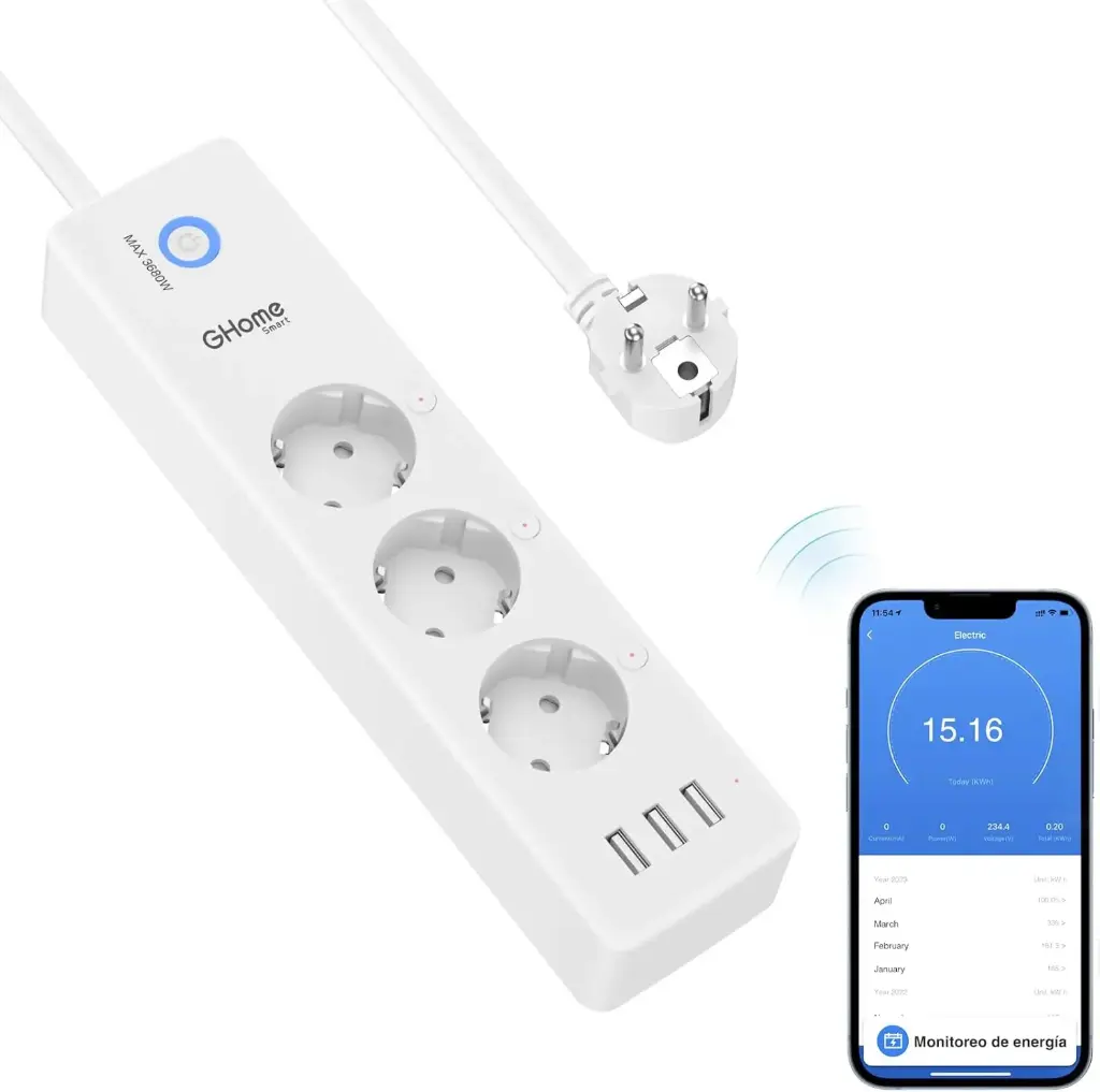  GHome Smart Multiprise connectée  avec 3 prises et 3 ports USB, multiprise Wi-Fi (1,5 Mètres)