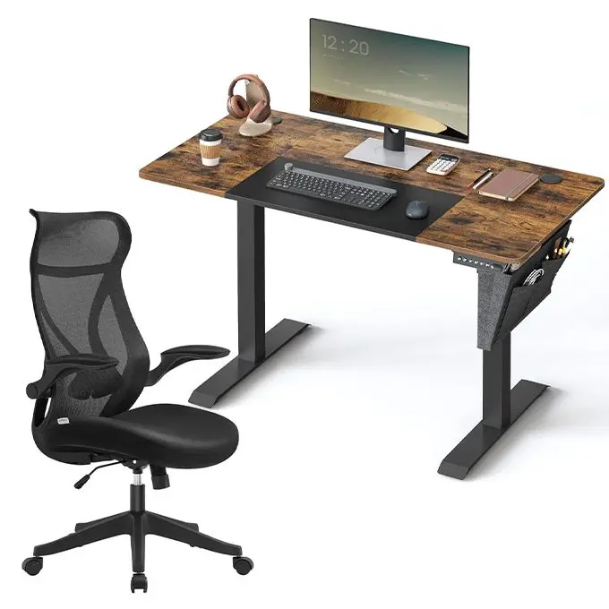 Pack SONGMICS Bureau Assis-Debout Électrique Réglable + Chaise de Bureau Ergonomique avec Appui-Tête, Réglable et Pivotante – Noir