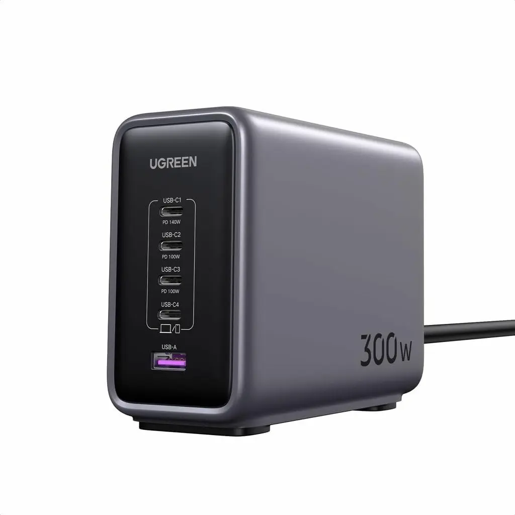 [CD333 90903B] UGREEN Nexode 300W GaN  Station de charge de bureau+ câble secteur + câble USB C (4 Ports USB-C ; 1 port USB-A)Gris anodisé