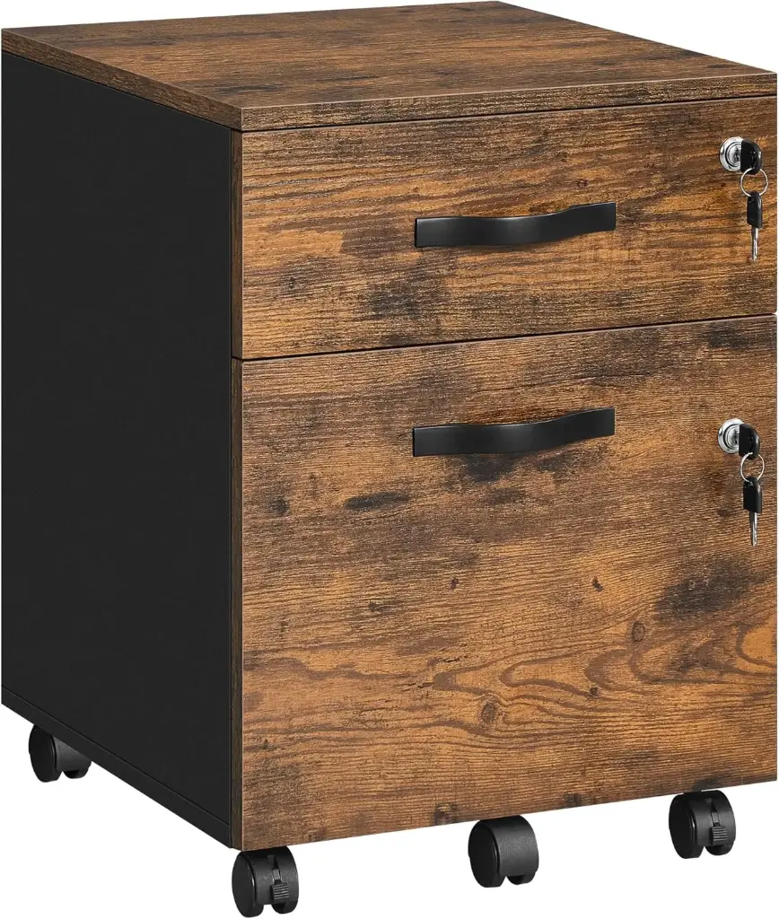 VASAGLE Caisson de Bureau à roulettes, Verrouillable, avec 2 Tiroirs, 5 roulettes, Barre de Suspension Réglables( Marron Rustique et Noir d'encre)
