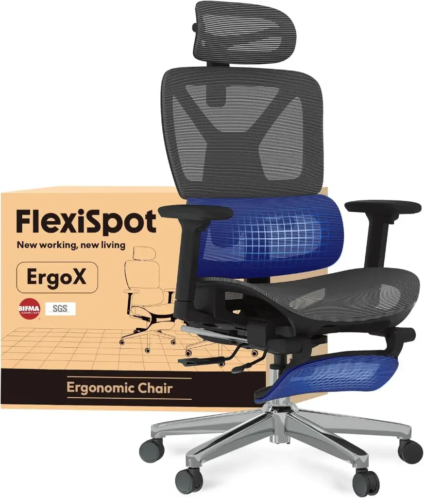 FLEXISPOT ErgoX Pro Chaise Bureau avec Repose-Pieds, Accoudoirs 3D, Chaise Ergonomique en Maille Pivotante, Réglable en Hauteur avec Appuie-tête et Soutien Lombaire Indépendant, Noir
