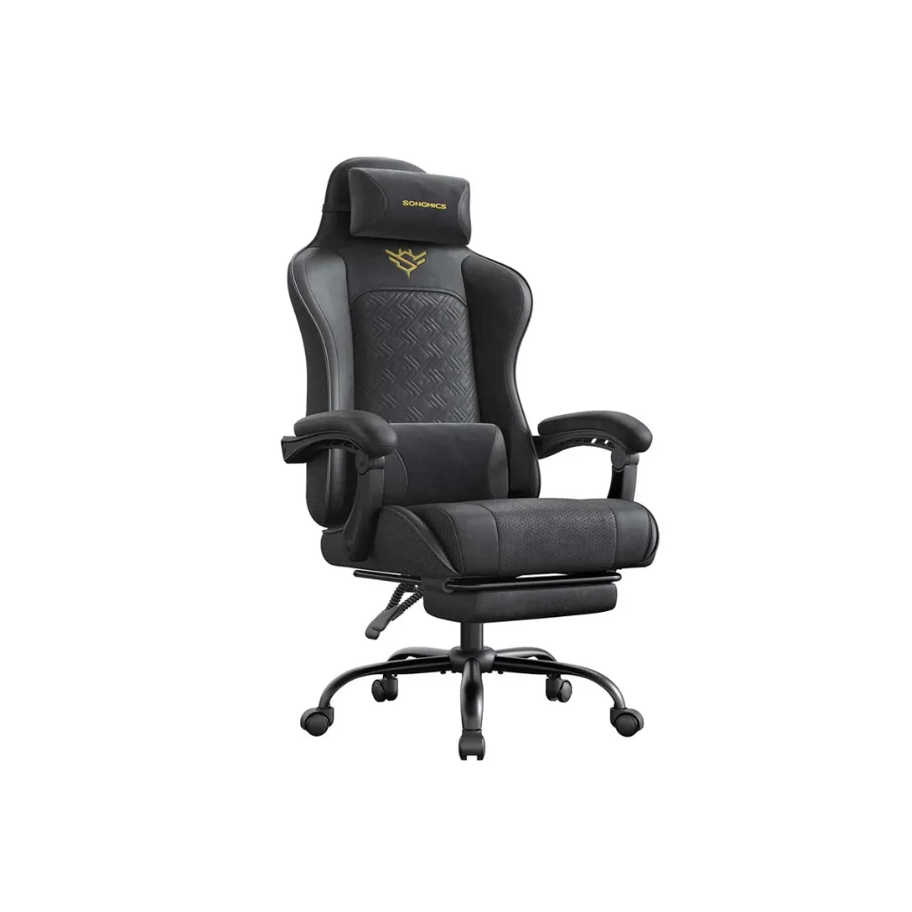 SONGMICS Chaise Gaming Ergonomique avec Repose-Pieds et Coussin à Ressorts – Fauteuil Gamer de Bureau, Noir d'encre