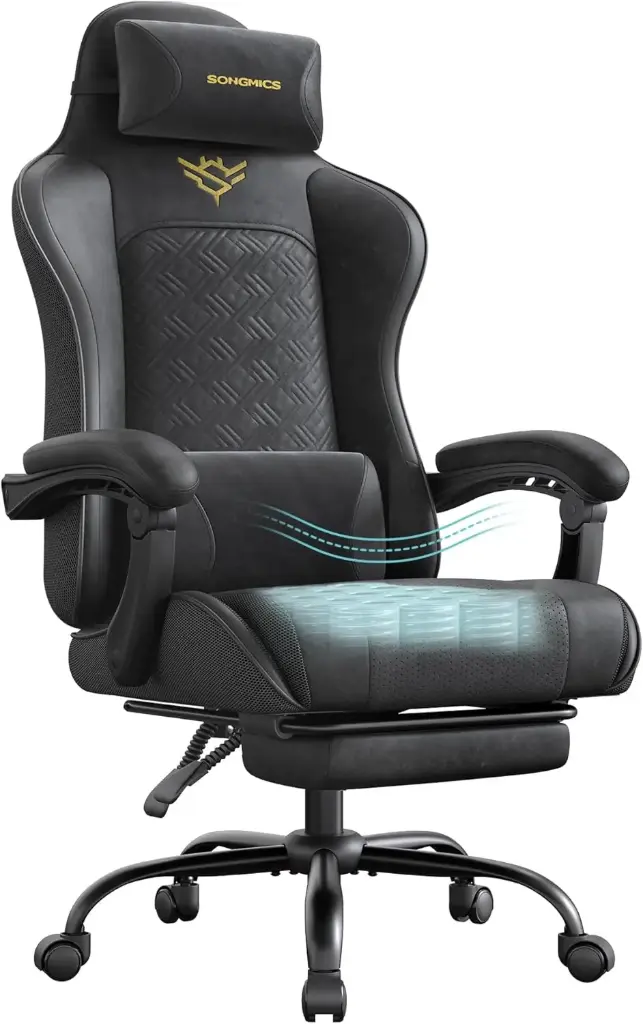SONGMICS Chaise Gaming Ergonomique avec Repose-Pieds et Coussin à Ressorts – Fauteuil Gamer de Bureau, Noir d'encre