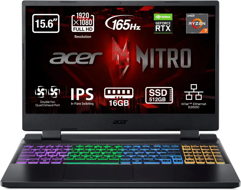 Acer Nitro 5 AN515-46 Ordinateur portable gaming 15,6 pouces FHD IPS 165 Hz (AMD Ryzen 7-6800H, 16 Go de RAM DDR5, 512 Go de SSD , NVIDIA, GeForce RTX 3060, sans système d'exploitation- Noir QWERTY (Boite ouverte)
