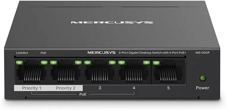 Mercusys TP-Link MS105GP Switch PoE+ 5 ports Gigabit, 4 ports PoE+, 65W pour tous les ports PoE, Boitier Métal