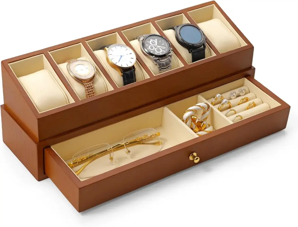Oirlv Boîte De Montre En Bois Massif Avec 6 Fentes- 2 Couches Organisateur De Bijoux Pour Les Hommes (Blanc)