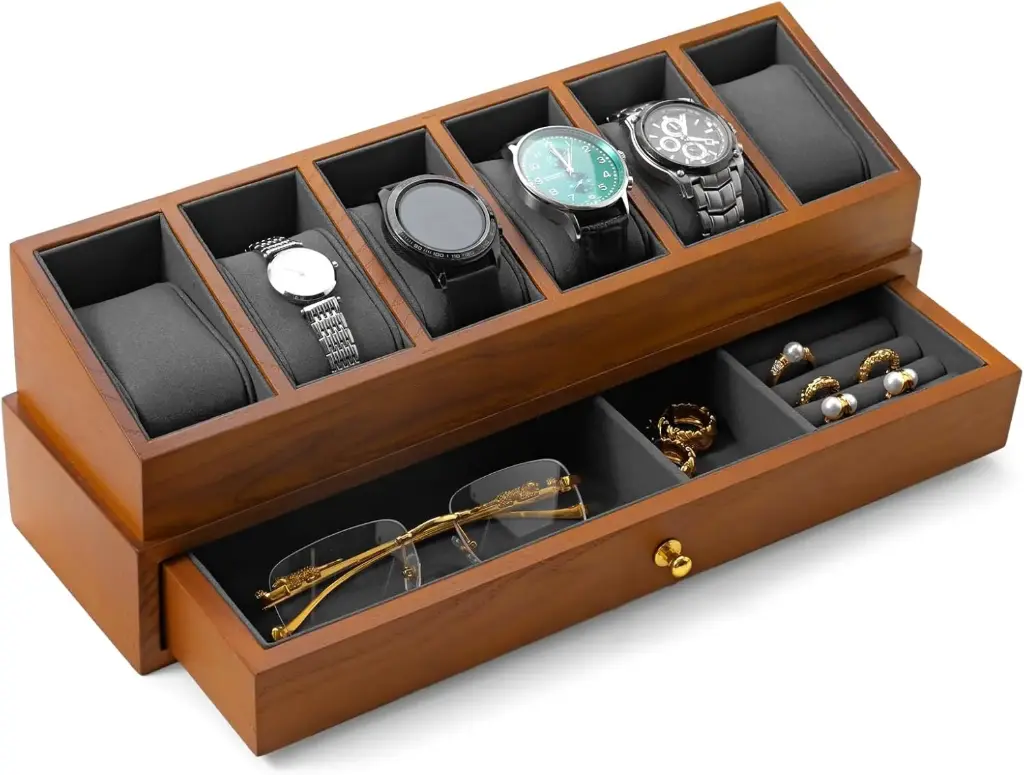 Oirlv, boîte à montres en bois, 6 emplacements, 2 niveaux (Gris)