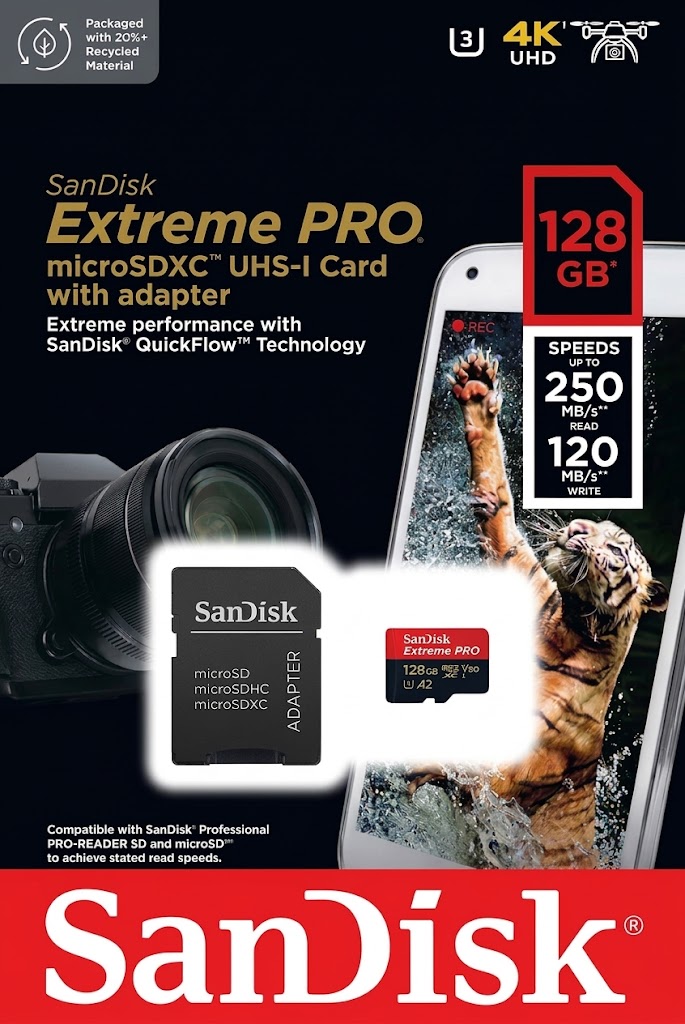SanDisk Extreme PRO microSDXC 128 Go, 250/120 Mo/s avec adaptateur SD