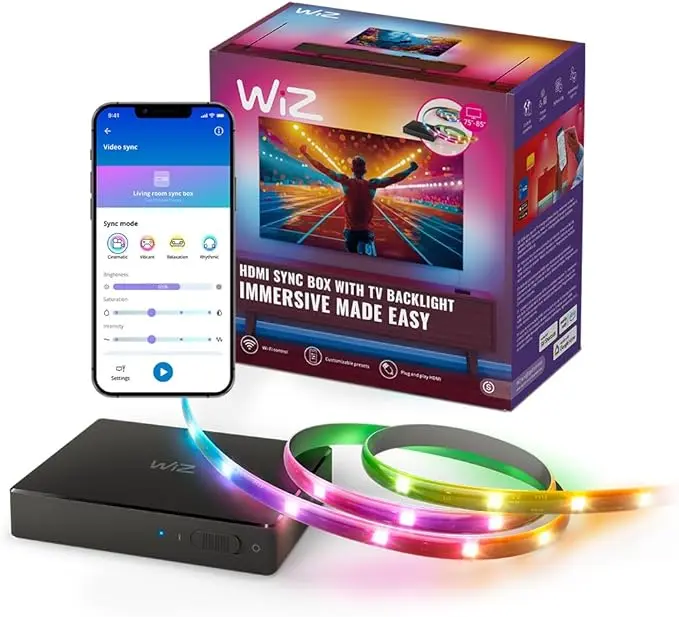  WiZ HDMI Sync Box avec rétroéclairage TV – Synchronise les lumières avec vos films, jeux et musiques – Ruban LED RGBIC pour TV de 75 à 85 pouces – Contrôle via application – Compatible Google et Alexa