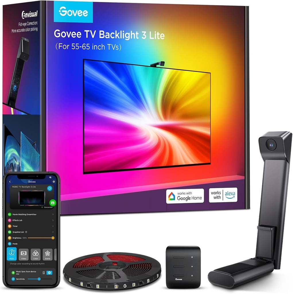 Govee RGBIC TV Backlight 3 Lite, pour TV 40-50 pouces,Ruban LED WiFi RGBICW 2.4 M avec Caméra 