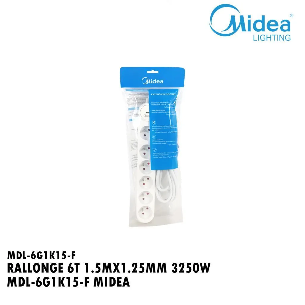 [MDL-6G1K15-F] Multiprise Avec Interrupteur à Voyant LED  6 Prises Surface avec Terre - Cordon 1,5m - Blanc