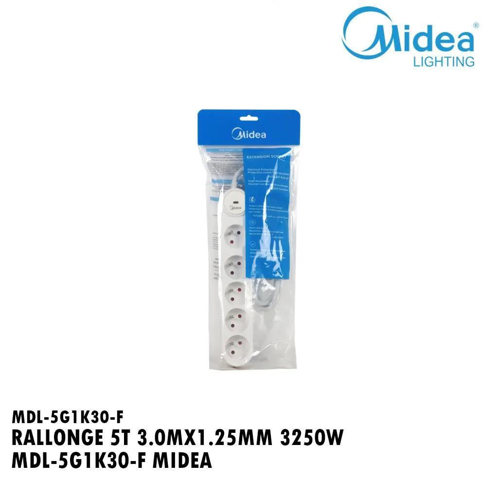 [MDL-5G1K30-F] Multiprise Avec Interrupteur à Voyant LED  5 Prises Surface avec Terre - Cordon 3m - Blanc