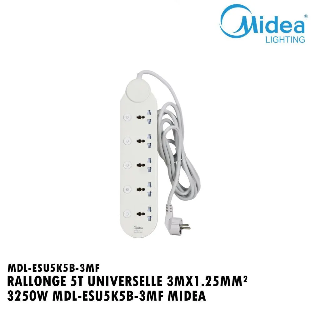 [MDL-ESU5K5B-3MF] Multiprise Universelles Avec Interrupteur Individuel - 5 Prises - Cordon 3m - Blanc 