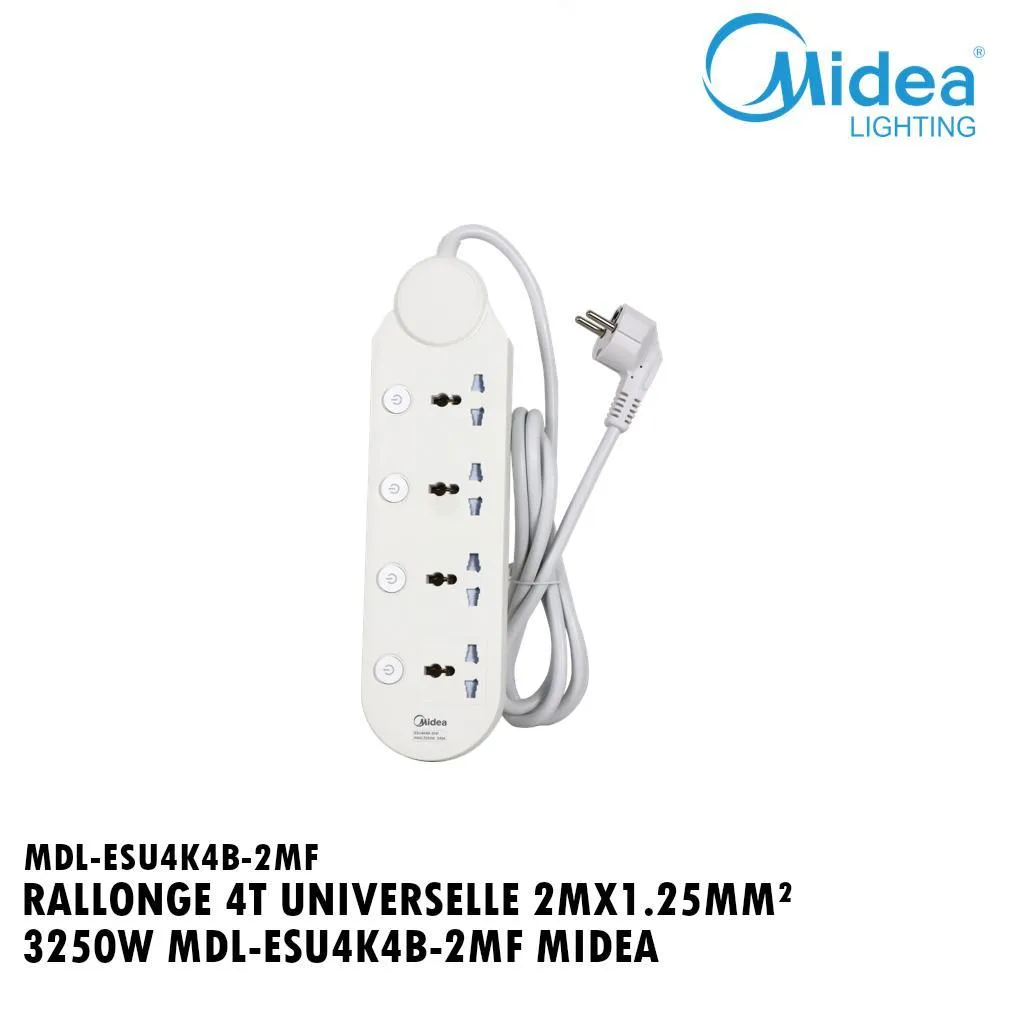 [MDL-ESU4K4B-2MF] Multiprise Universelles Avec Interrupteur Individuel - 4 Prises - Cordon 2m - Blanc