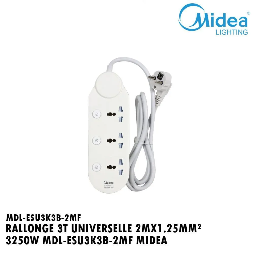 [MDL-ESU3K3B-2MF] Multiprise Universelles Avec Interrupteur Individuel - 3 Prises - Cordon 2m - Blanc