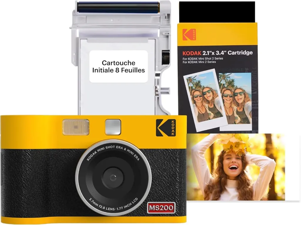 KODAK Mini Shot 2 Era 4PASS 2-in-1 Appareil Photo Instantané et Imprimante Photo Portable + Paquet avec  60  Feuilles, Jaune)