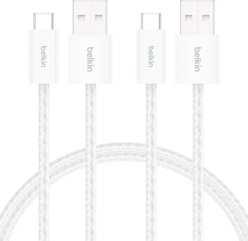 [8840hq06344] Belkin Pack de 2 Câbles USB-A vers USB-C avec gaine tressée (1,5 m, 15 W, doux au toucher, souple, recharge rapide - Blanc