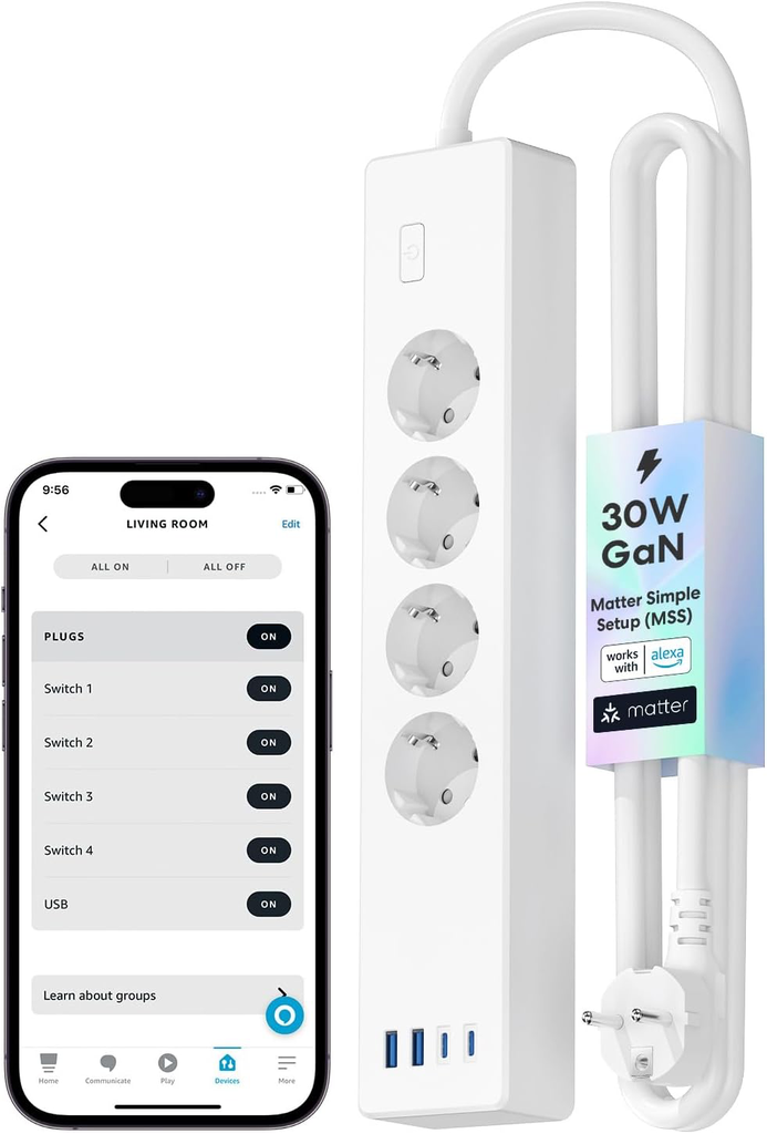 Meross Multiprise Connectée Matter (Type F), 4 Prises CA, 2 USB-A et 2 USB-C