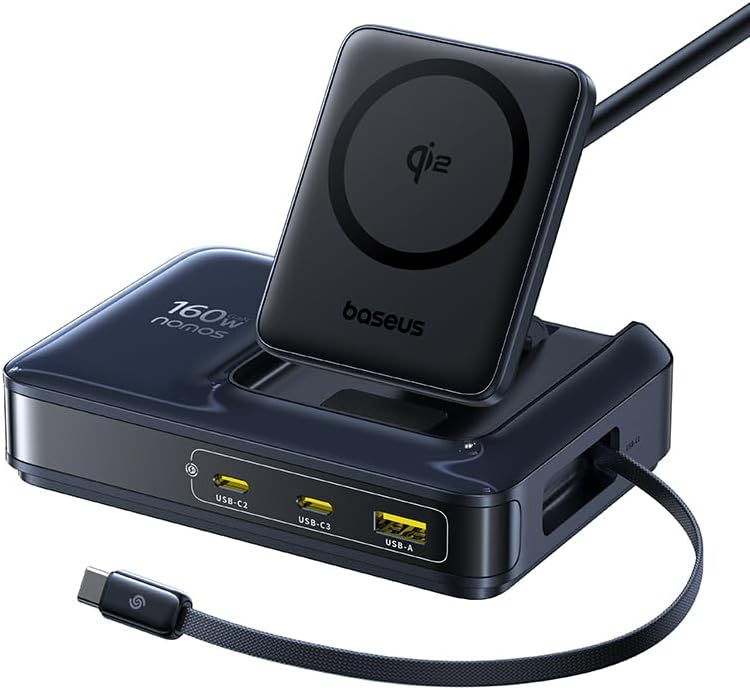 Baseus Chargeur USB C 160 W MagSafe Qi2 5-in-1, Station de Charge avec câble rétractable USB-C 100 W Compatible avec iPhone 12-17, MacBook Pro/Air, iPad Pro, etc.
