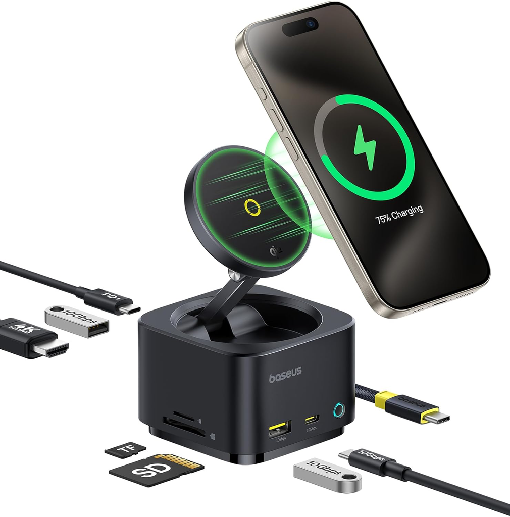 Baseus Station d'accueil Magnétique 7 en 1, 15W Chargeur Induction sans Fil Pliable, Hub USB C avec 4K@60Hz HDMI, PD 100W, USB 10Gbps, Compatible avec iPhone 16/15 / Mac/Dell/HP/Surface