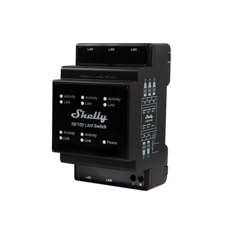 Shelly LAN Switch - Interrupteur/commutateur LAN, Répéteur Ethernet, Courant Alternatif 110V - 230 V, Montage sur Rail DIN, 5 Ports RJ45, App iOS, Android