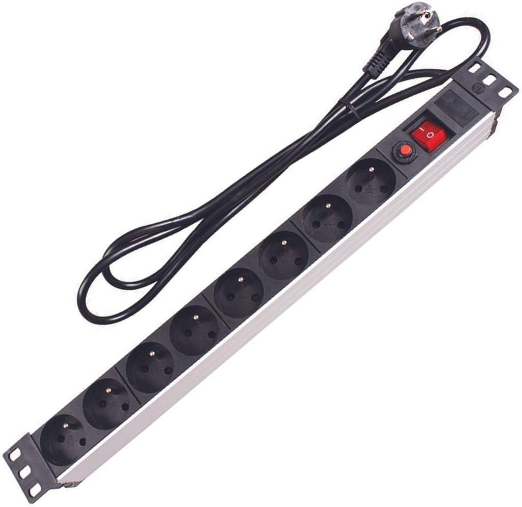 Perel Multiprise PDU avec 8 Prises Type E avec Terre, Interrupteur et Protection surtension, câble 2,15 m, 3680 W, répartiteur pour Rack 19 Pouces, Armoire Serveur et Bureau