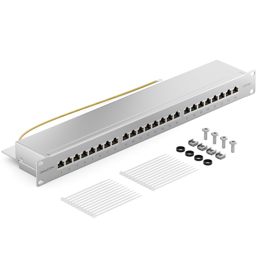 deleyCON CAT6a Panneau de Brassage 24 Port Bureau 19 Pouces Le Montage en Rack Assemblage du Serveur 24x RJ45 Blindé TIA568A TIA568B - Gris Clair
