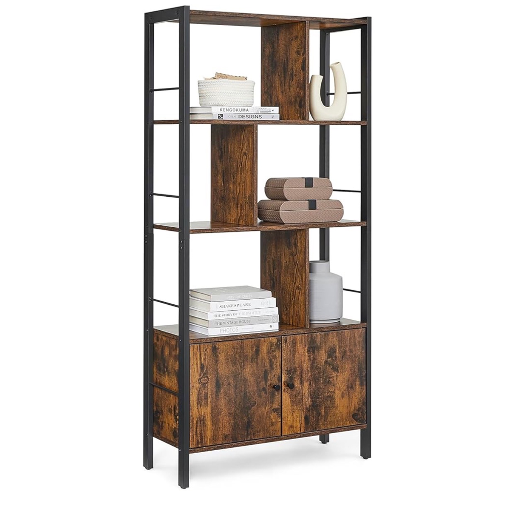 [LBC022B01] VASAGLE Étagère, Bibliothèque à 4 Niveaux, Meuble de Rangement, Placad, avec Portes, Grand, Cadre en Acier, pour Salon, Bureau, Chambre, Style Industriel, Marron Rustique et Noir