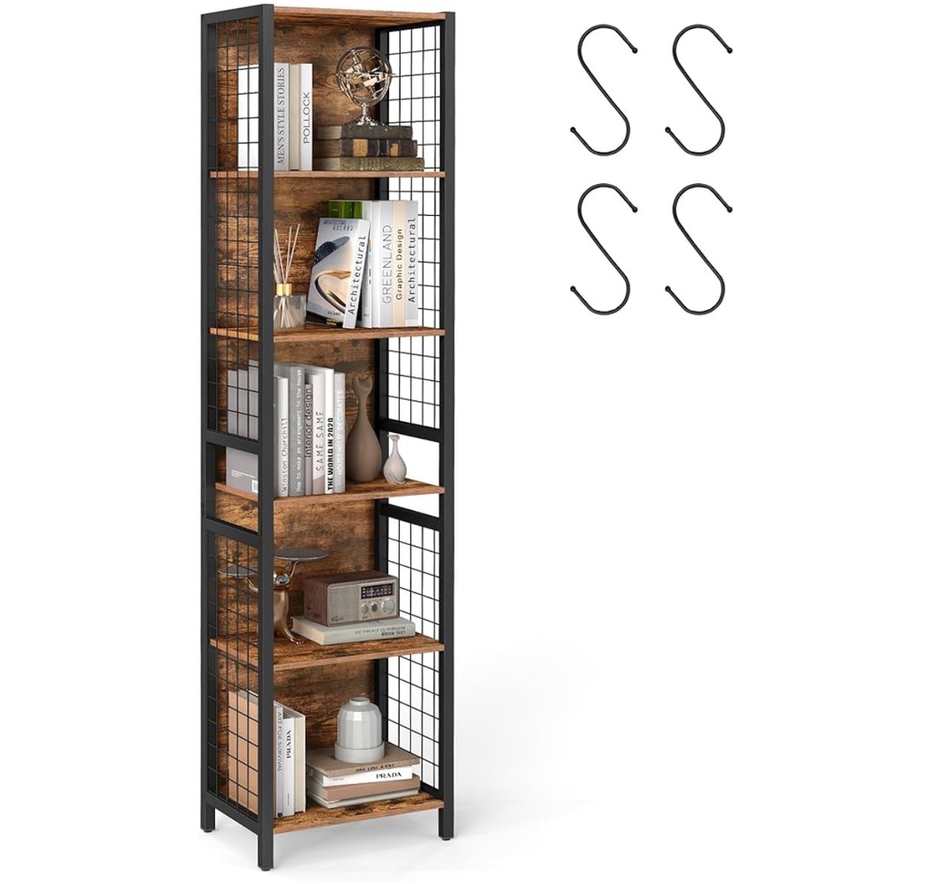 [LLS170K01] VASAGLE Bibliothèque, Étagère à 6 Niveaux, Meuble de Rangement, 30 x 40 x 175,6 cm, avec 4 Crochets en S, pour Bureau, Salon, Cadre en Acier, Marron Rustique et Noir d'encre