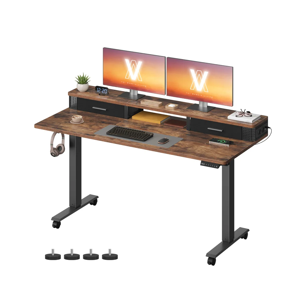 [LSD184KD02] VASAGLE Bureau Électrique Réglable en Hauteur, Table Assis-Debout, 140 x 60 x (72-120) cm, Réglable en Continu, Support Écran, Multiprise, Crochet, Fonction Mémoire, Marron Rustique