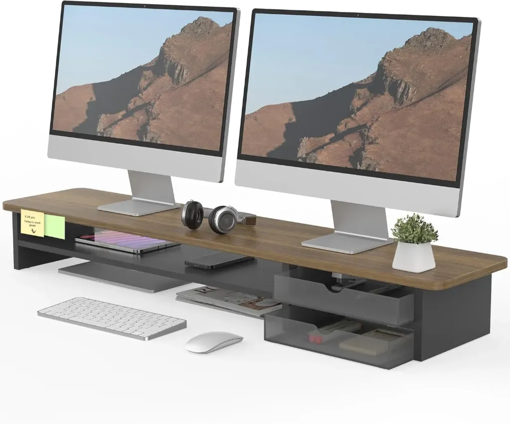Fenge Réhausseur d'Écran d'Ordinateur avec 2 Tiroirs de Rangement en Acrylique Grand Moniteur Stand pour 2 Moniteurs,TV,PC,Imprimante, 108x23,5x14cm Marron+Noir