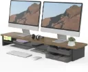 Fenge Réhausseur d'Écran d'Ordinateur avec 2 Tiroirs de Rangement en Acrylique Grand Moniteur Stand pour 2 Moniteurs,TV,PC,Imprimante, 108x23,5x14cm Marron+Noir