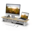 Fenge Dual Support de Moniteurs, Réhausseur d'Écran d'Ordinateur avec 2 Tiroirs en Tissu, Pour 2 Moniteurs, PC, TV, Ordinateur, Imprimante,90 x 23,5 x 14,2 cm, Charge de 25KG (Chêne)