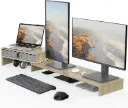 Fenge Réhausseur d'Écran en Bois,Support de Moniteur Réglable,Support d'Ordinateur Portable,PC,TV,Imprimante - pour 2 Moniteurs - avec Tiroir de Stockage,78,3–113 x 23,5 x 7,3 cm (Chêne)