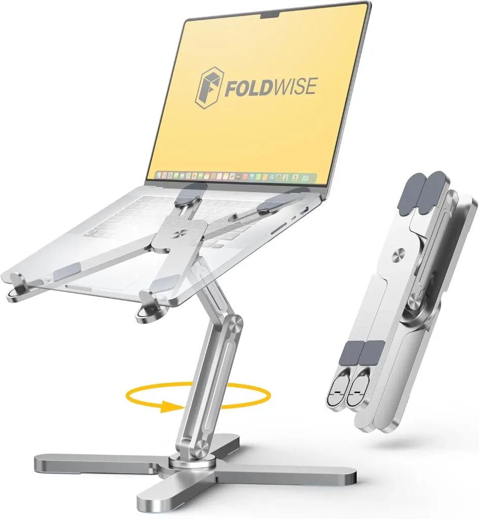 FoldWise Support d'Ordinateur Portable X pour Bureau - Aluminium 100%, Base Rotative à 360°, Pliable, Hauteur & Angles Réglables - Support Robuste et Portable pour MacBook, Compatible 11-18''