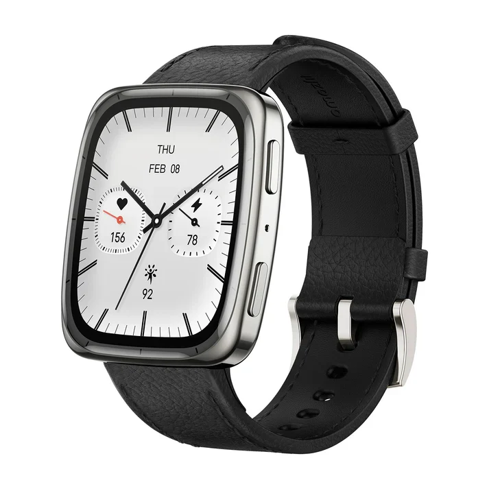 Amazfit Active 2 Square, montre connectée 1,75″ AMOLED NFC (Cuir noir)