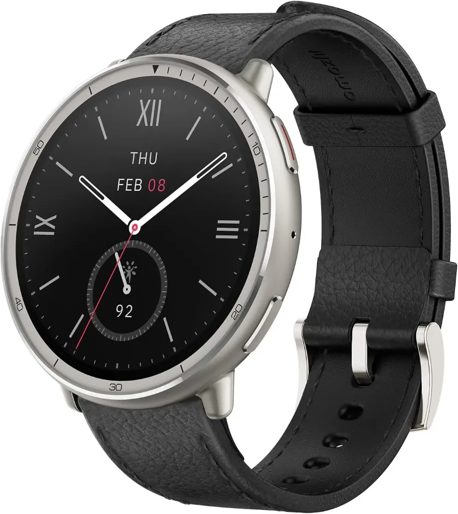 Amazfit Active 2 44 mm, montre connectée 1,32″ AMOLED NFC (Cuir noir)