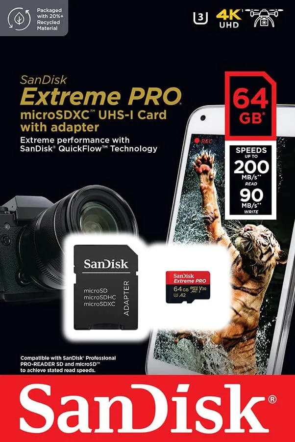 SanDisk Extreme PRO microSDXC 64 Go, 200/90 Mo/s avec adaptateur SD