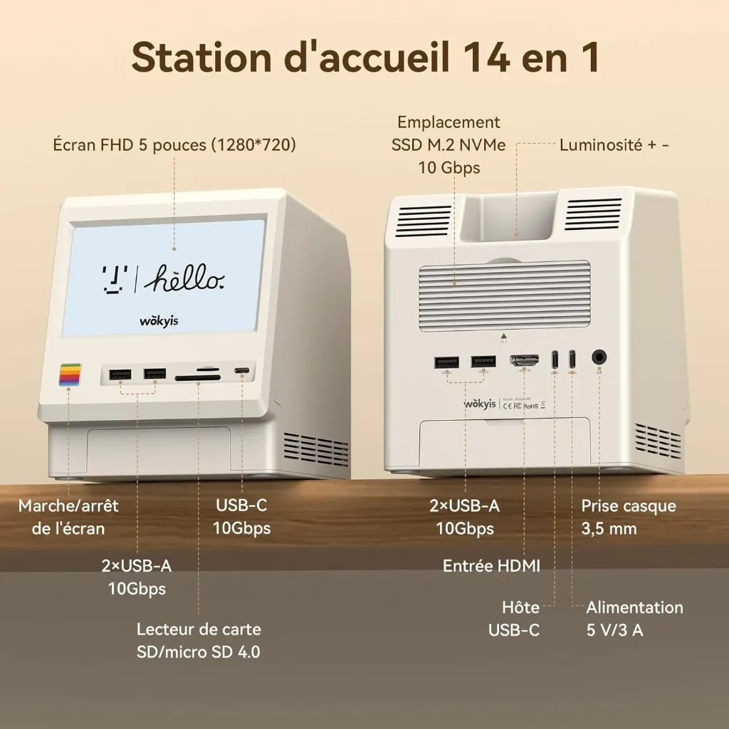 M5 Station d'accueil rétro pour Mac Mini M4, écran HD 5", boîtier SSD M.2 NVMe 10 Gbps, Lecteur de Carte SD/Micro SD 4.0, 4 Ports USB-A, 1 Port USB-C (10 Gbps), Prise Casque 3,5 mm