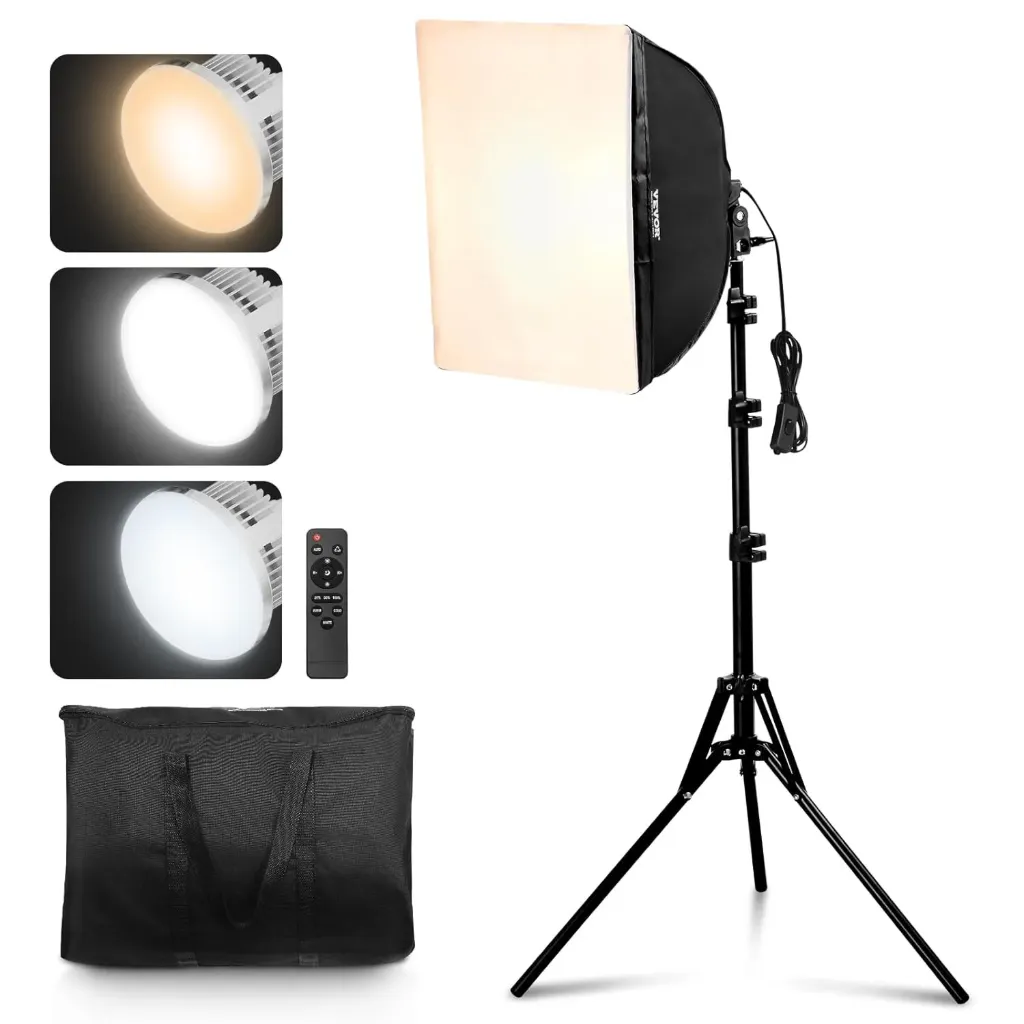 VEVOR Kit d'Éclairage Softbox Professionnel 400 x 400 mm avec Ampoules LED 45 W, Couleur Réglable 3000-6500 K, Support Trépied