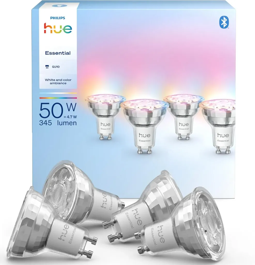 Philips Hue Essential Spot LED Connecté GU10, Ampoule connectée 4,7 W, 2200-6500 K, 345lm, intensité réglable, Compatible Alexa, Google et Apple (lot de 4)