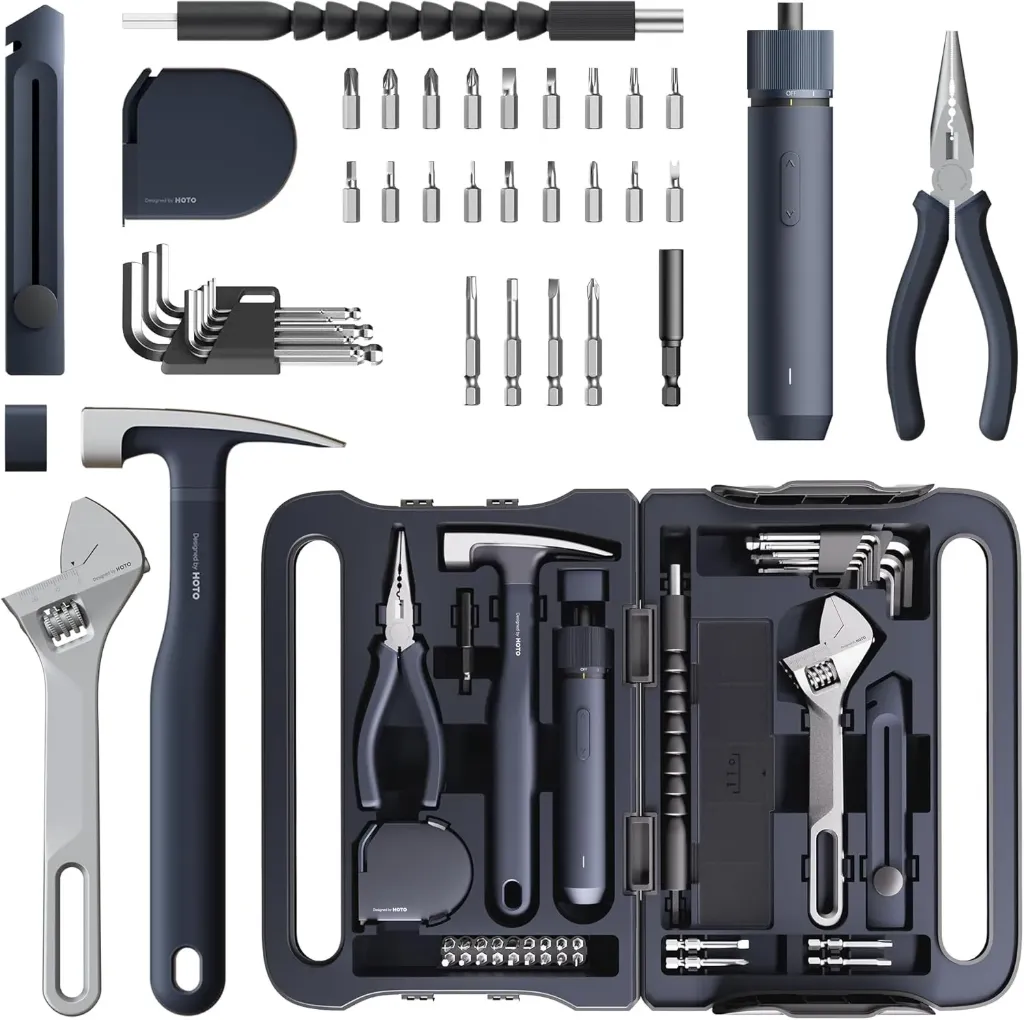 HOTO Kit d'outils 40 pièces - Malette outils complète avec tournevis électrique (LED, 3 couples), 14 outils & 26 accessoires